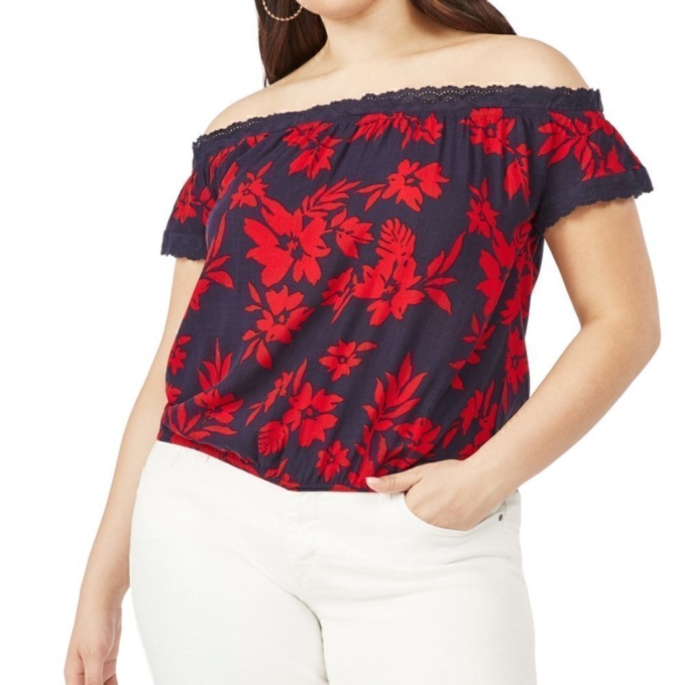 JustFab Size 3X Navy and Red Off Shoulder Top With Crochet